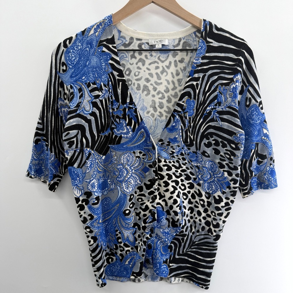Vintage Y2K Cache‎ Mixed Animal Floral Print Cardigan in Blue Black White Size L